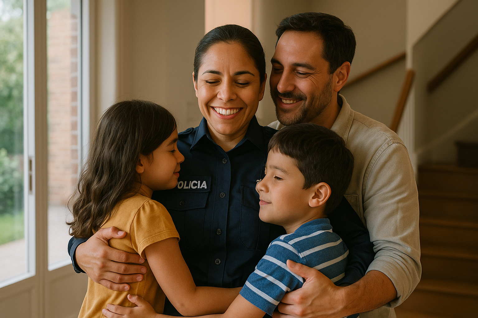 mujer abraza a sus hijos